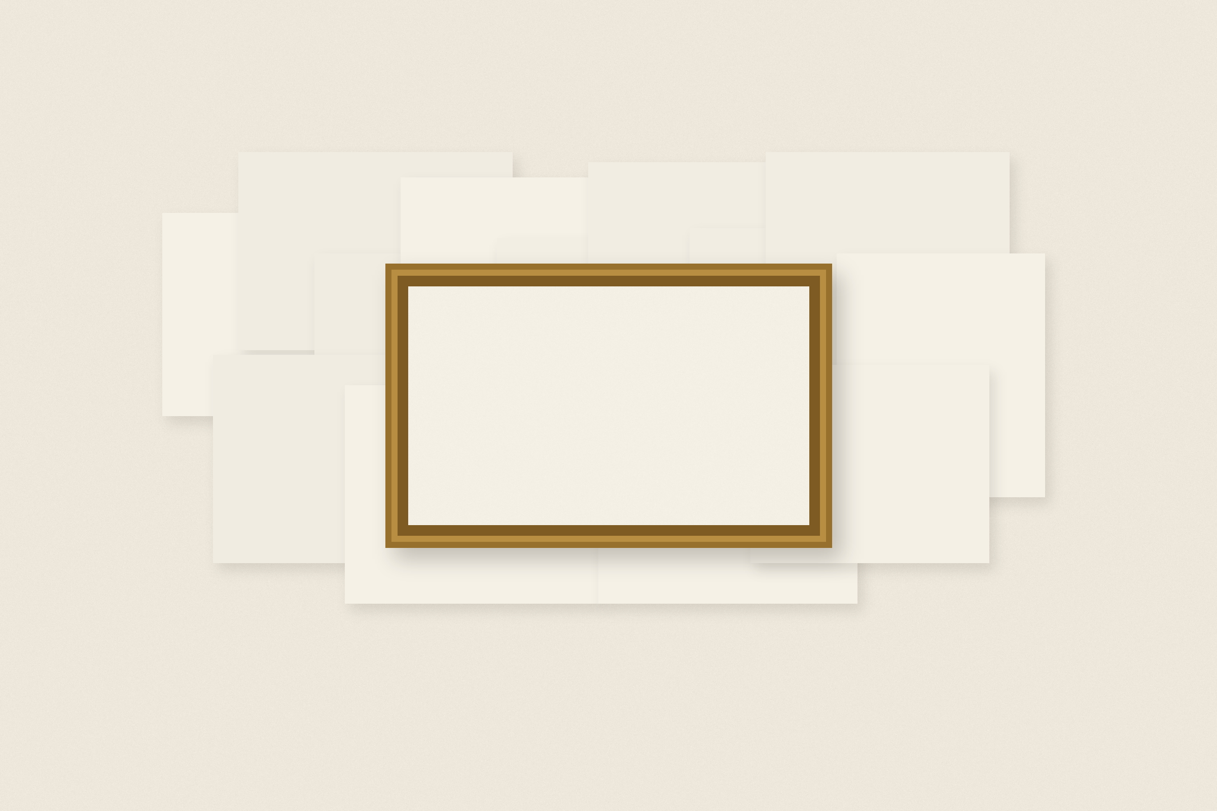Layers of blank paper panels surrounding a single brass-framed panel, representing the need to distinguish what matters from an excess of information.